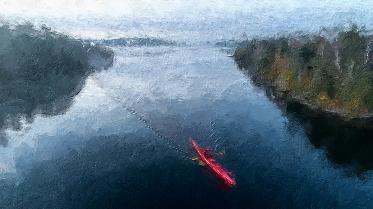 Red Kayak Forest River Mural Wallpaper Aerial View, Oil Painting, Moody Tones, Natural Landscape Mural Wallpaper - room preview 04