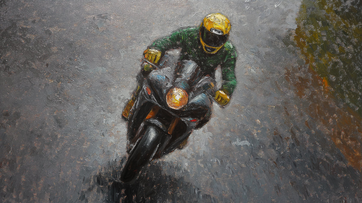 Motorcycle Racer Oil Painting Mural — Moody Kinetic Art Mural Wallpaper - room preview 04