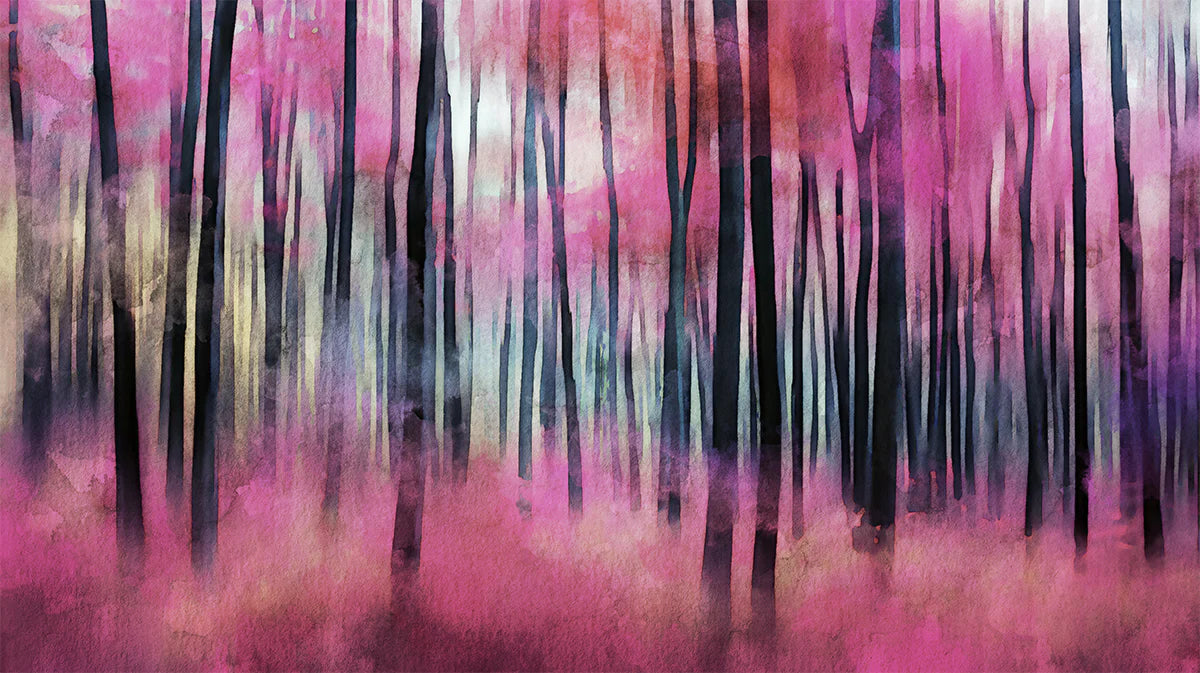 Abstract Magenta Forest Mural Wallpaper — Surreal Watercolor Landscape Mural Wallpaper - room preview 04