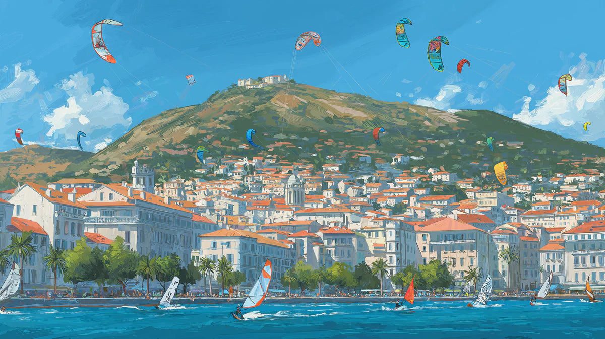 Mediterranean Coastal Town Mural Wallpaper — Artistic Hillside Village Mural Wallpaper - room preview 04
