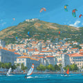 Mediterranean Coastal Town Mural Wallpaper — Artistic Hillside Village Mural Wallpaper - room preview 04