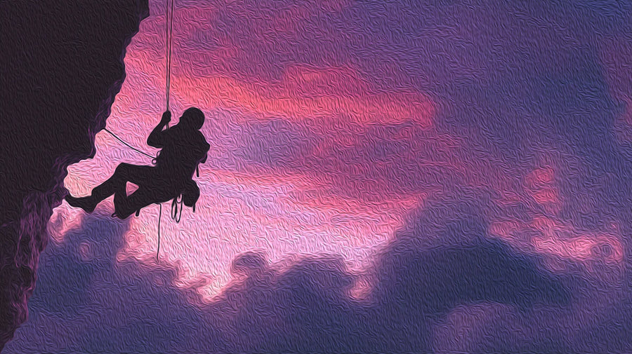 Papier peint mural Silhouette d'alpiniste au coucher du soleil – Papier peint mural artistique effet peinture à l'huile printable artwork
