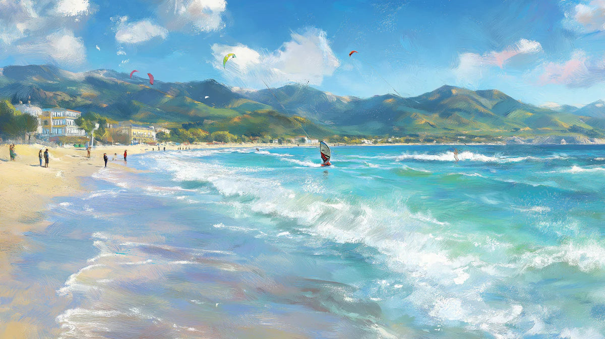 Mediterranean Coastal Windsurfing Mural Wallpaper — Impressionist Art Mural Wallpaper - room preview 04