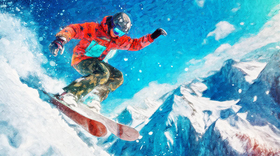 Painted Mural Wallpaper – Illustration Wall Mural – Snowboarder Action Oil Painting — Expressive Winter Art printable artwork