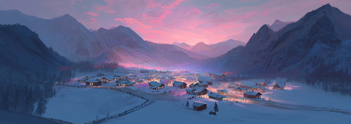 Alpine Snowy Village Mural Wallpaper — Sunset Winter Mountain Scene Mural Wallpaper - room preview 04
