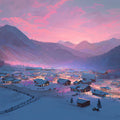 Alpine Snowy Village Mural Wallpaper — Sunset Winter Mountain Scene Mural Wallpaper - room preview 04