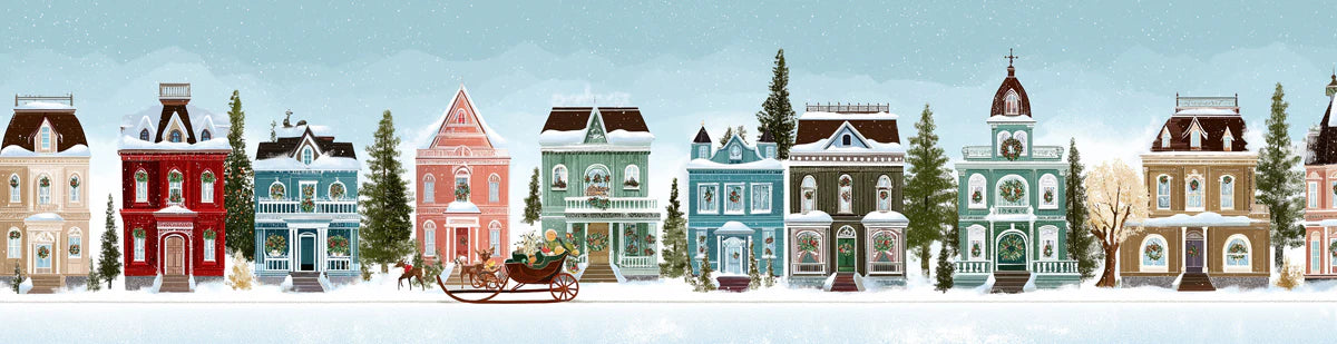 Winter Village Street Mural Wallpaper — Holiday Townhouse Scene Mural Wallpaper - room preview 04