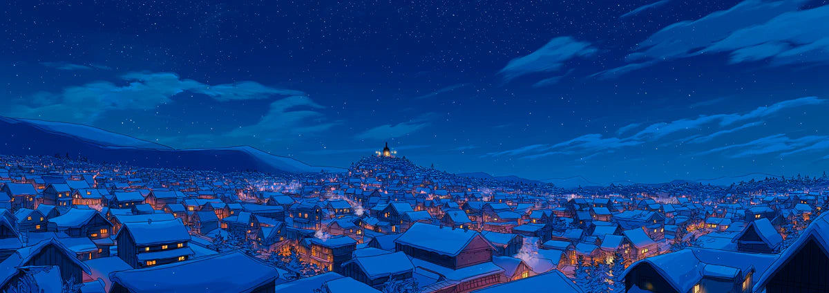 Snowy Village Night Mural Wallpaper — Cozy Winter Illustration Mural Wallpaper - room preview 04