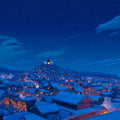 Snowy Village Night Mural Wallpaper — Cozy Winter Illustration Mural Wallpaper - room preview 04