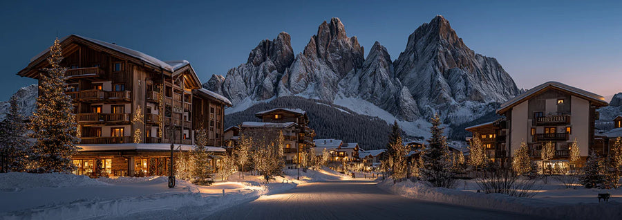 Mountain Landscape Wallpaper Mural – Alpine Scenery Wall Mural – Dolomite Mountain Village — Twilight Winter Scene printable artwork
