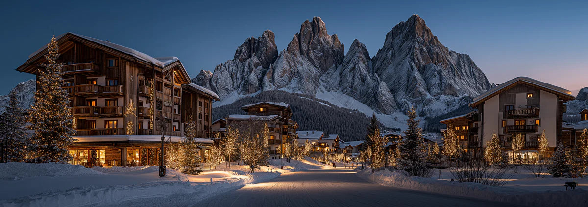 Dolomite Mountain Village Mural Wallpaper — Twilight Winter Scene Mural Wallpaper - room preview 04