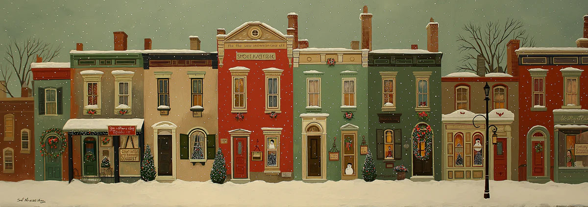 Snowy Townhouse Christmas Mural Wallpaper — Festive Street Scene Mural Wallpaper - room preview 04