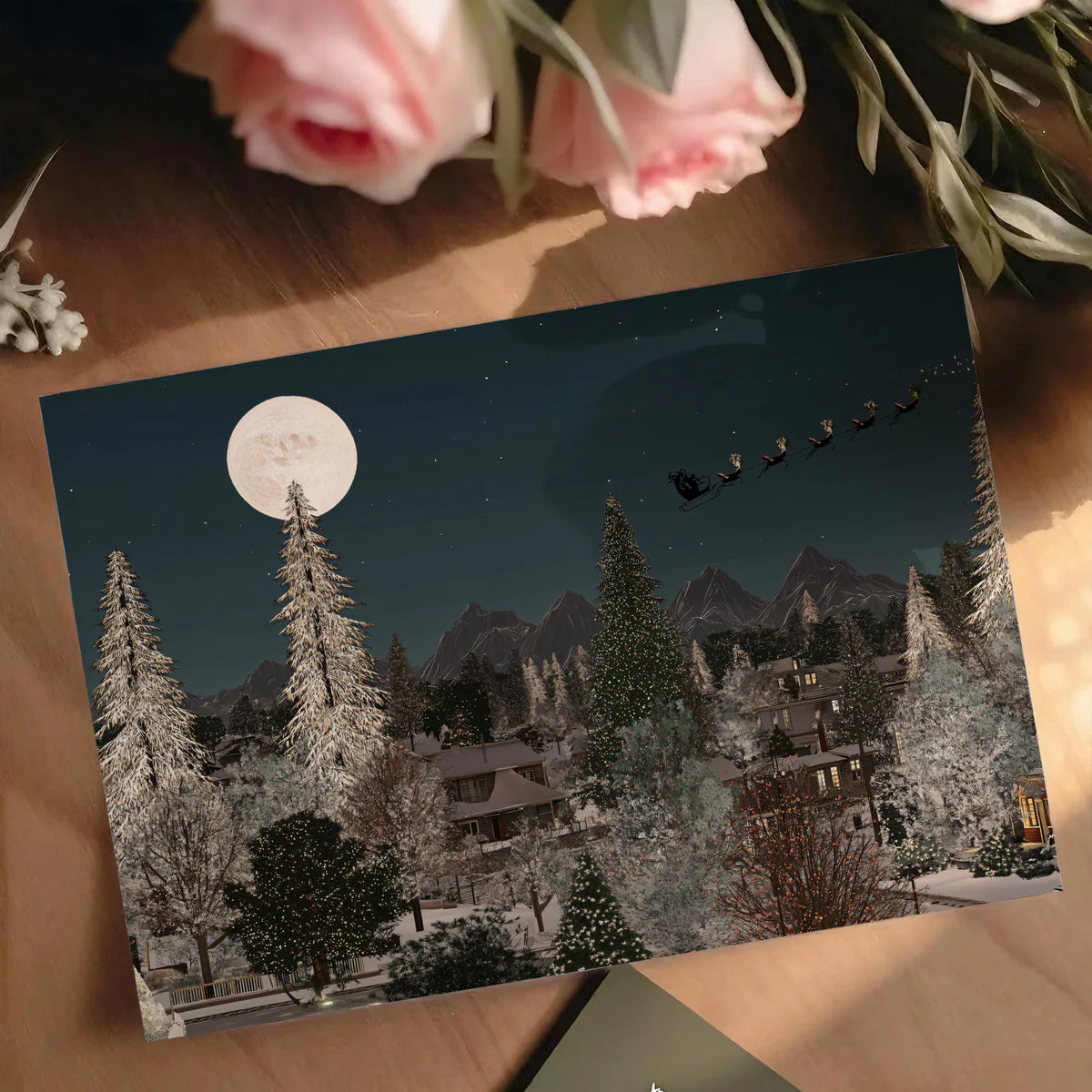 Santa Night Flight Mural Wallpaper — Winter Forest Holiday Scene Mural Wallpaper - room preview 04