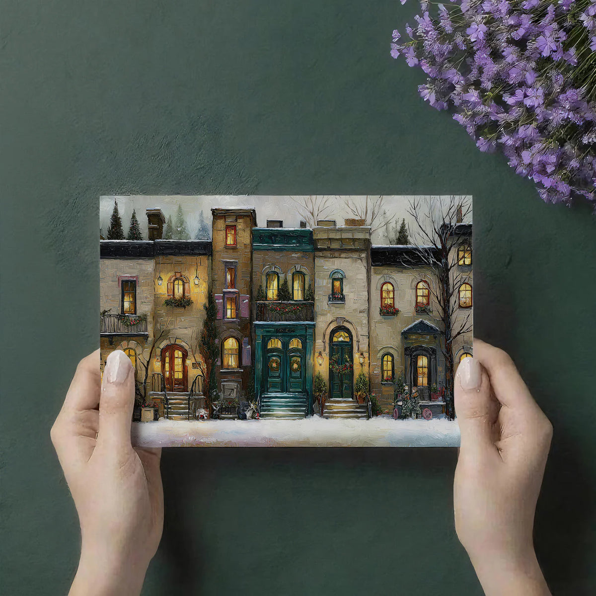 Snowy Townhouse Holiday Mural Wallpaper — Festive Oil Painting Mural Wallpaper - room preview 04