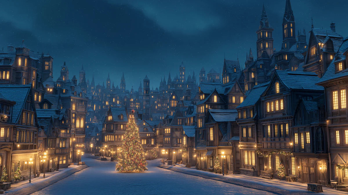 Old European Winter City Mural Wallpaper — Festive Architectural Mural Wallpaper - room preview 04