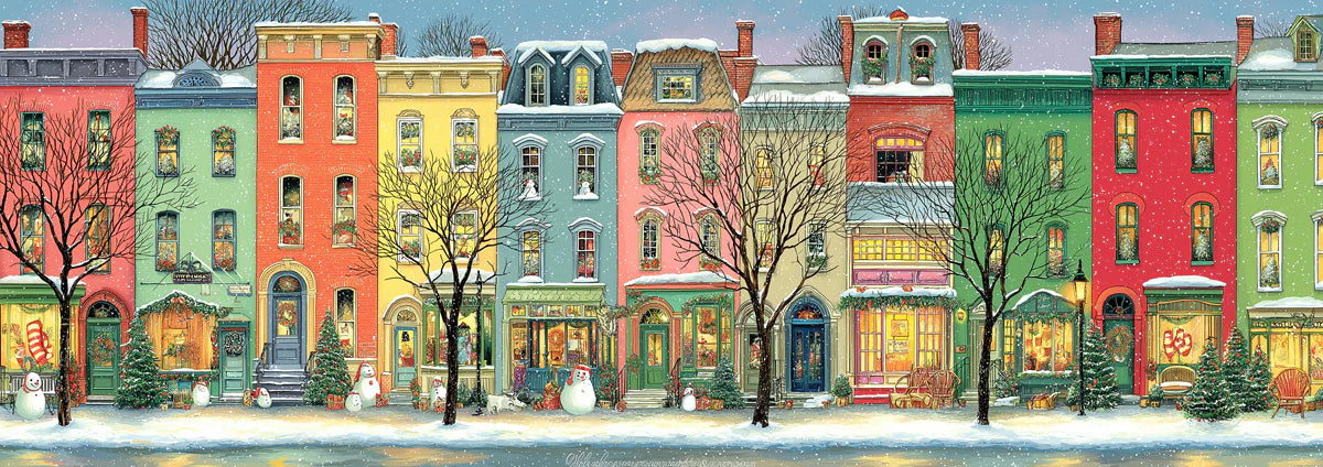 Snowy Row House Mural Wallpaper — Festive Folk Art Street Scene Mural Wallpaper - room preview 04