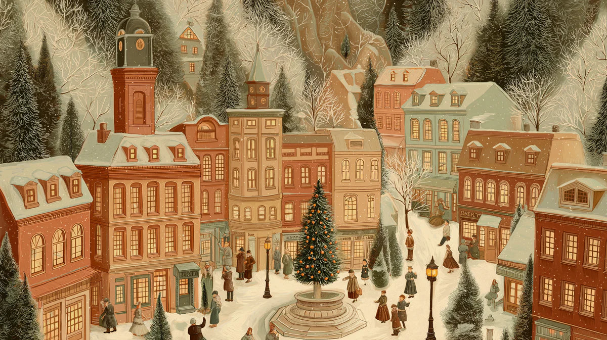 Victorian Town Square Mural Wallpaper — Vintage Holiday Scene Mural Wallpaper - room preview 04