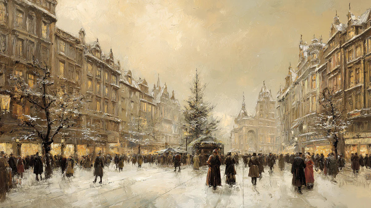 Snowy European Cityscape Mural Wallpaper — Vintage Oil Painting Style Mural Wallpaper - room preview 04