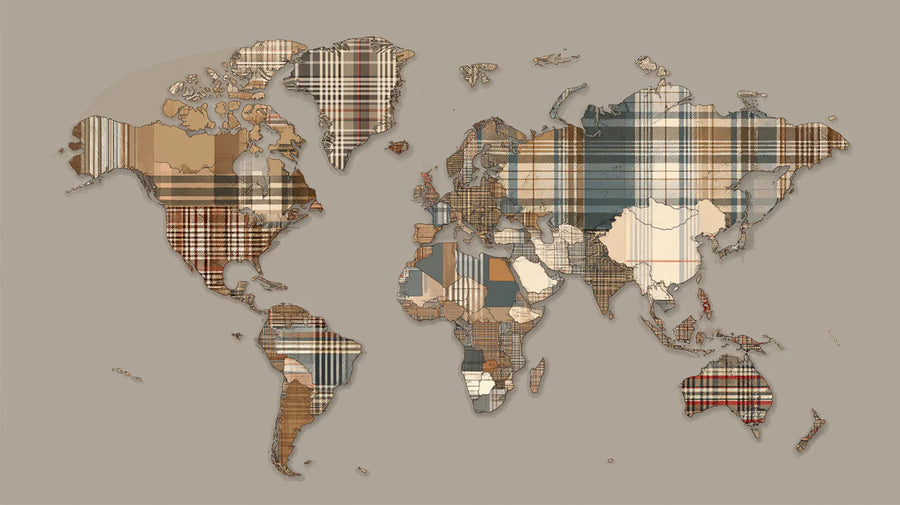 World Map Wallpaper Mural – Map Wall Mural – Plaid Patchwork World Map — Earthy Rustic Decor printable artwork
