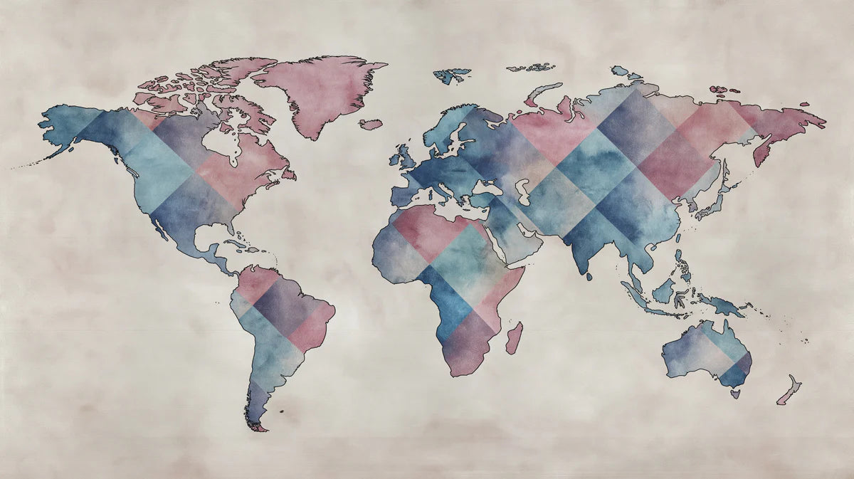 Watercolor Argyle World Map Mural — Soft Geometric Cartography Mural Wallpaper - room preview 04