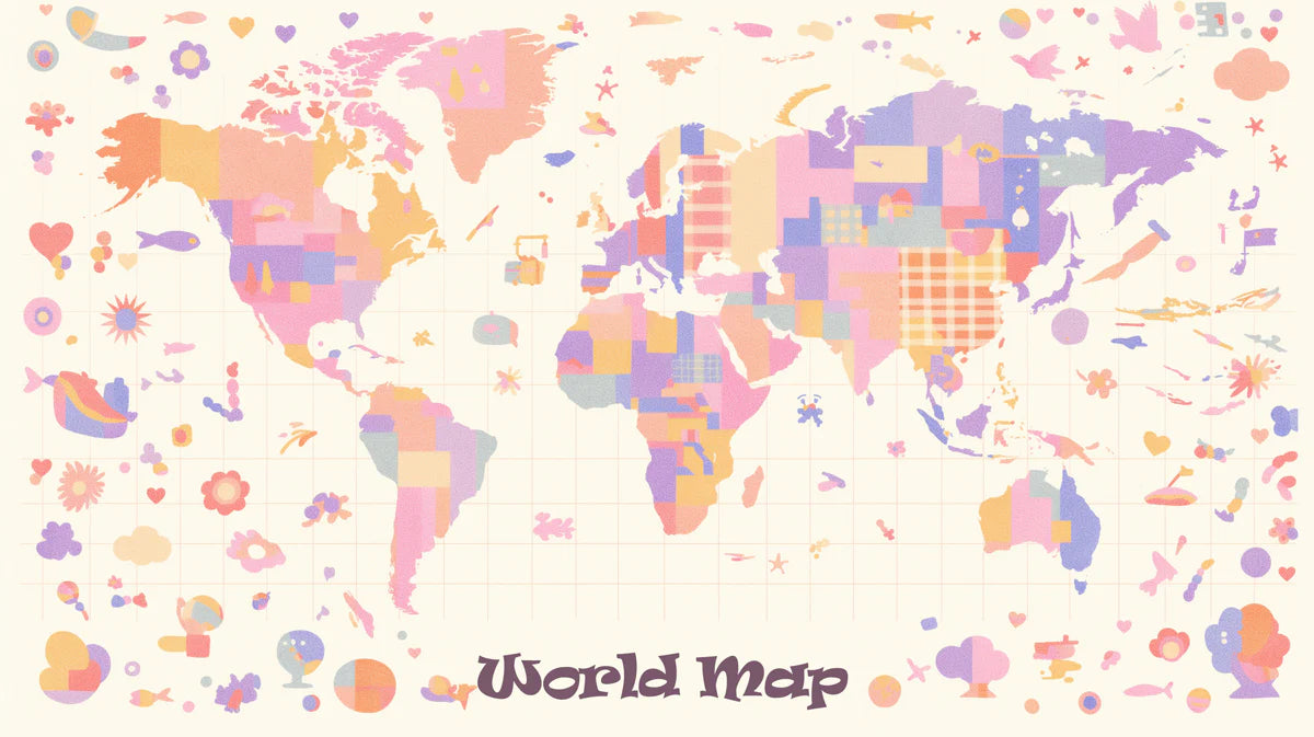 Pastel World Map Kids Mural Wallpaper Whimsical Motifs, Soft Geometric Blocks, Educational Nursery Art Mural Wallpaper - room preview 04