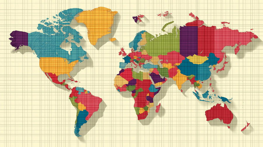 World Map Wallpaper Mural – Map Wall Mural – Graphic World Map — Multi-Color Grid Design printable artwork