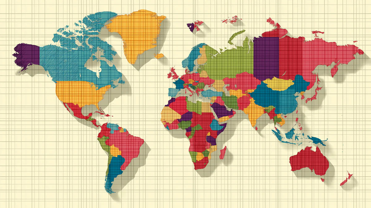 Graphic World Map Mural Wallpaper — Multi-Color Grid Design Mural Wallpaper - room preview 04