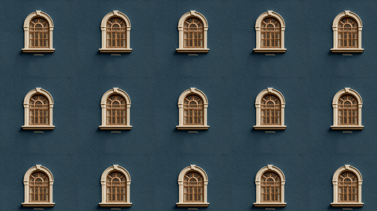 Arched Window Grid Mural Wallpaper — Architectural Navy Blue Decor Mural Wallpaper - room preview 04