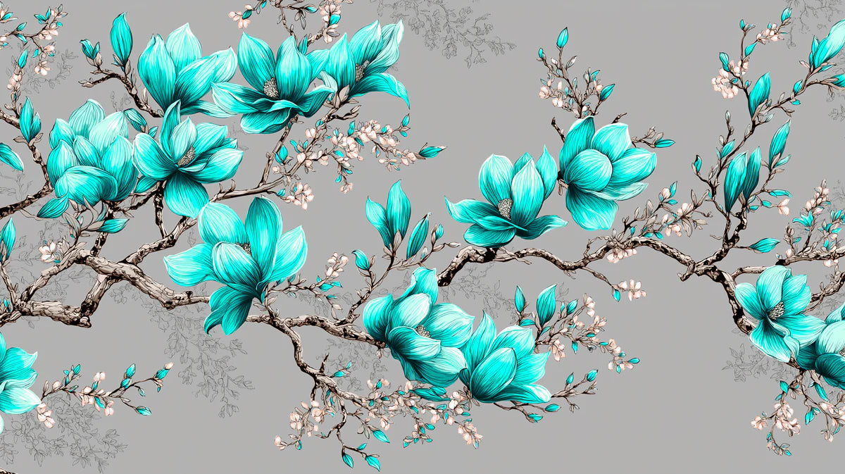Teal Magnolia Blossom Mural Wallpaper — Botanical Line Art Mural Wallpaper - room preview 04