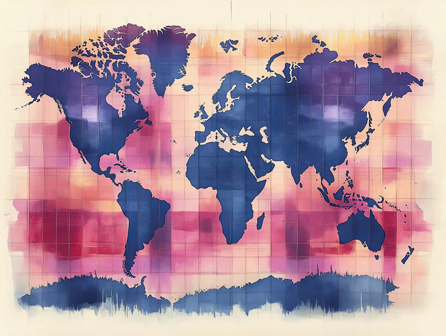 World Map Wallpaper Mural – Map Wall Mural – Watercolor World Map — Abstract Navy and Magenta printable artwork
