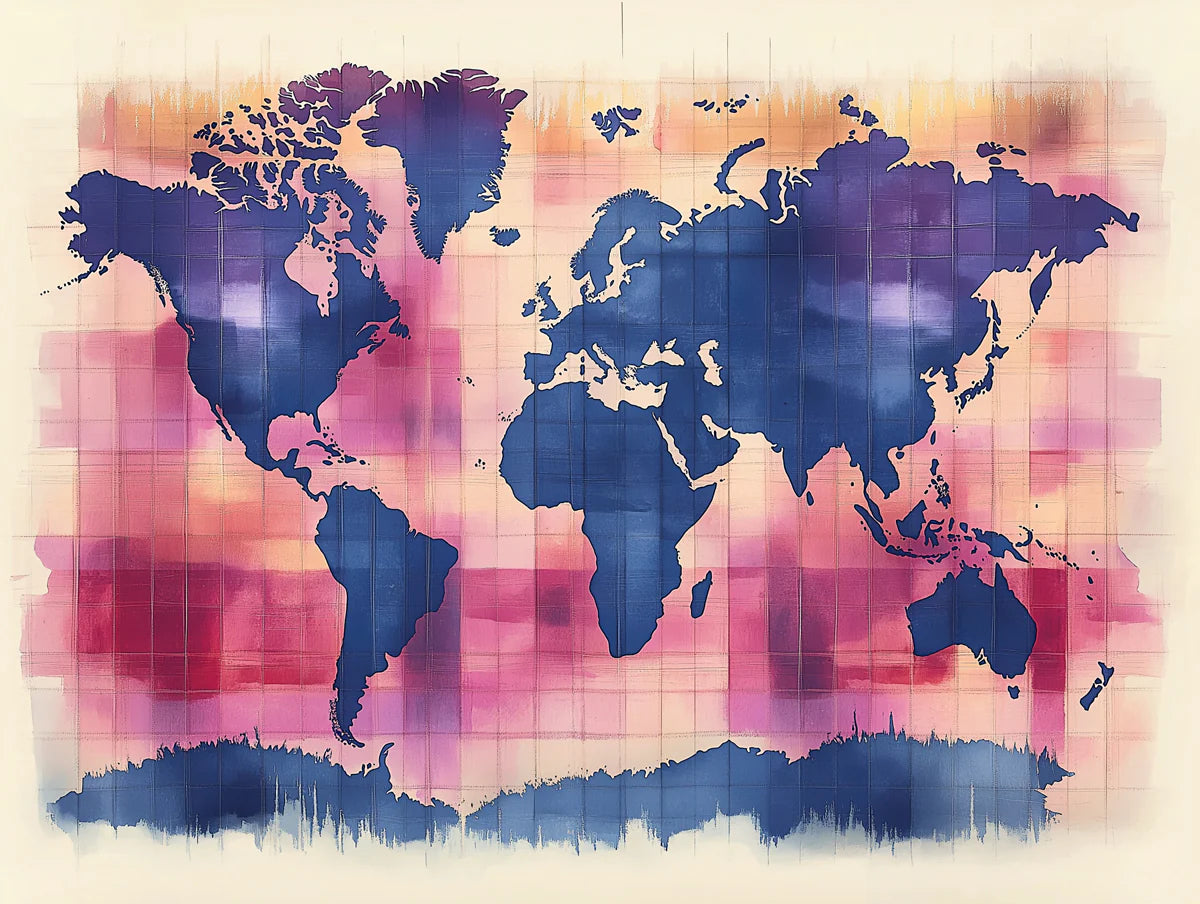 Watercolor World Map Mural Wallpaper — Abstract Navy and Magenta Mural Wallpaper - room preview 04