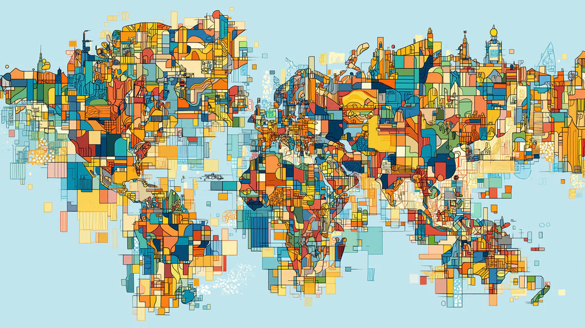 Abstract Global City Map Mural Wallpaper — Vibrant Urban Collage Mural Wallpaper - room preview 04