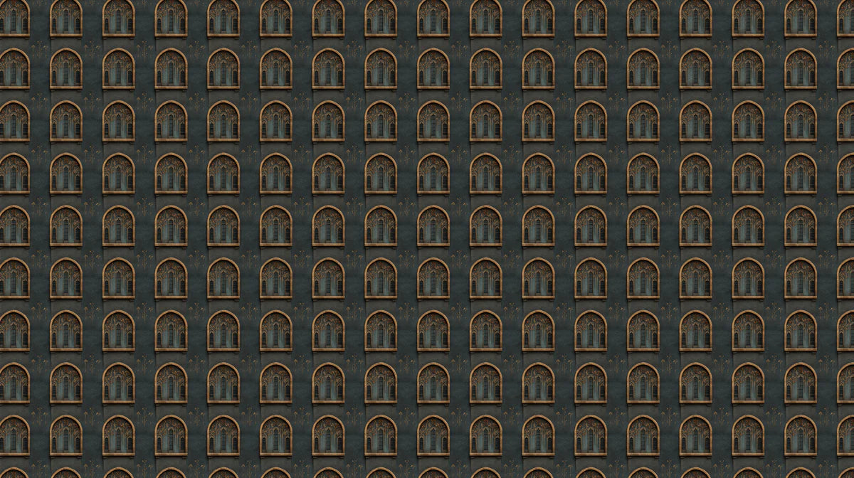Moorish Arch Geometric Mural Wallpaper — Dark Architectural Motif Mural Wallpaper - room preview 04