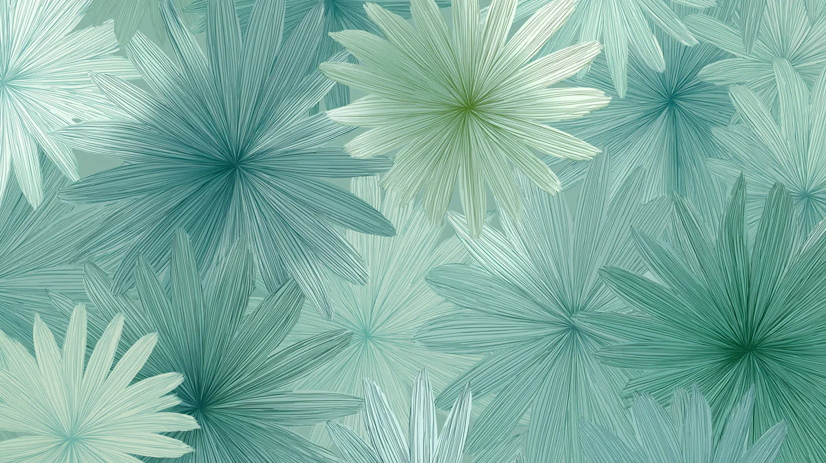 Starburst Botanical Mural Wallpaper — Cool Mint and Teal Line Art Mural Wallpaper - room preview 04