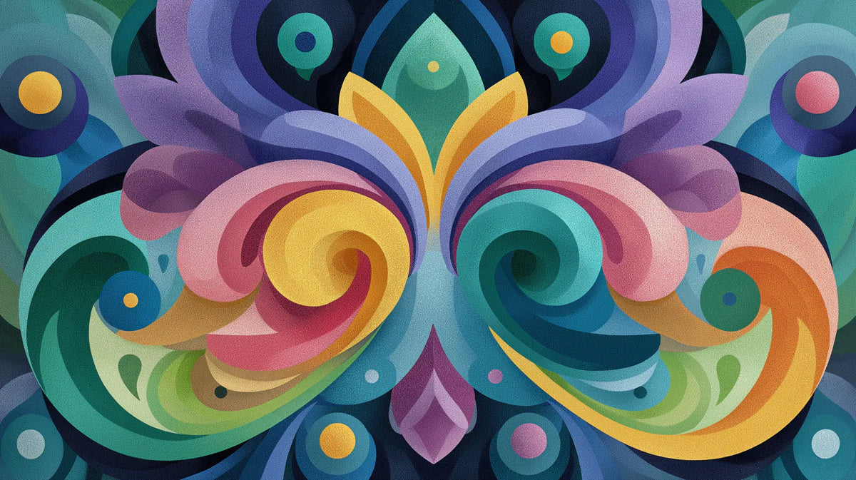 Symmetrical Abstract Floral Mural Wallpaper — Colorful Fluid Swirls Mural Wallpaper - room preview 04