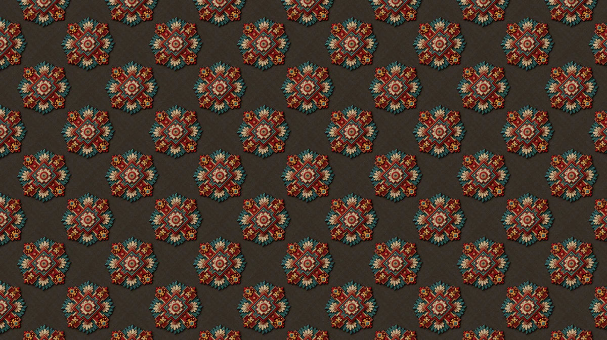 Symmetrical Geometric Floral Mural Wallpaper — Dark Traditional Print Mural Wallpaper - room preview 04