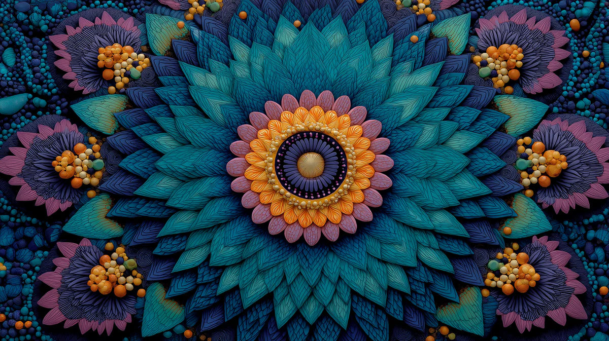 Floral Mandala Relief Mural Wallpaper — Deep Teal and Ochre Mural Wallpaper - room preview 04