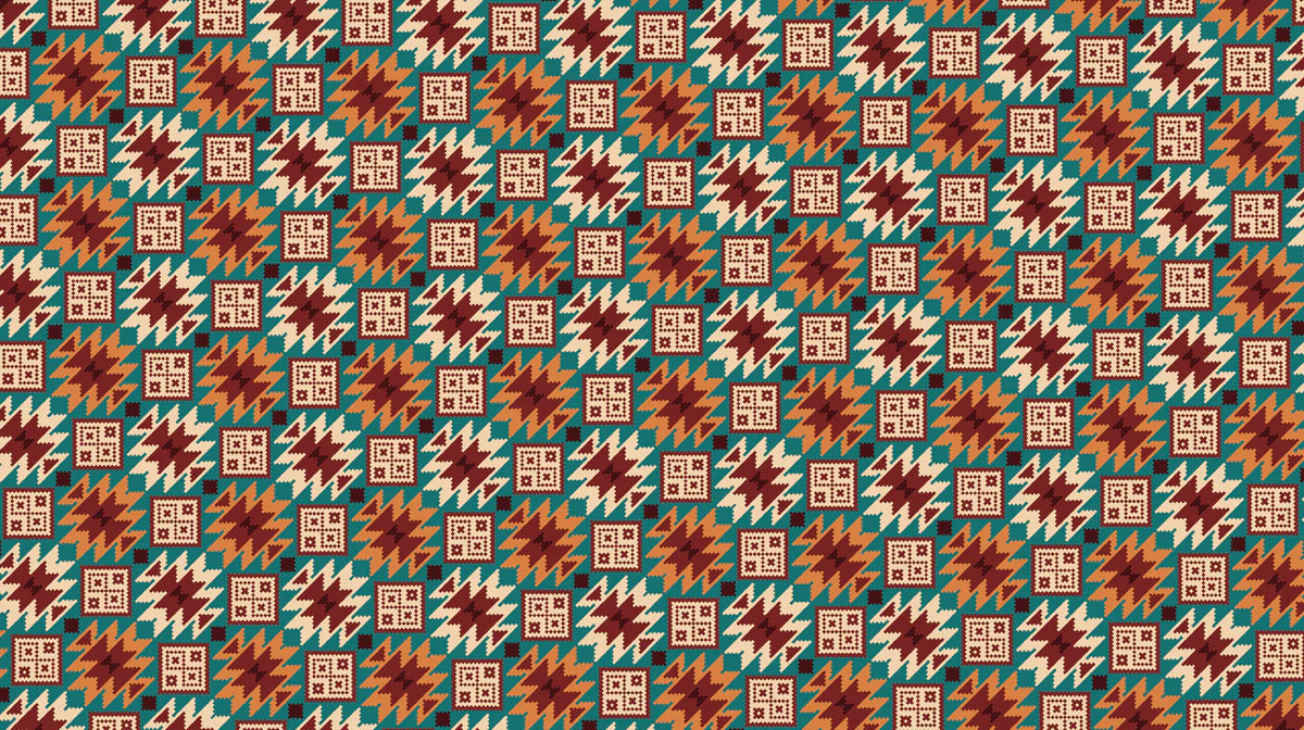 Geometric Ikat Motif Mural Wallpaper — Teal, Ochre and Maroon Mural Wallpaper - room preview 04