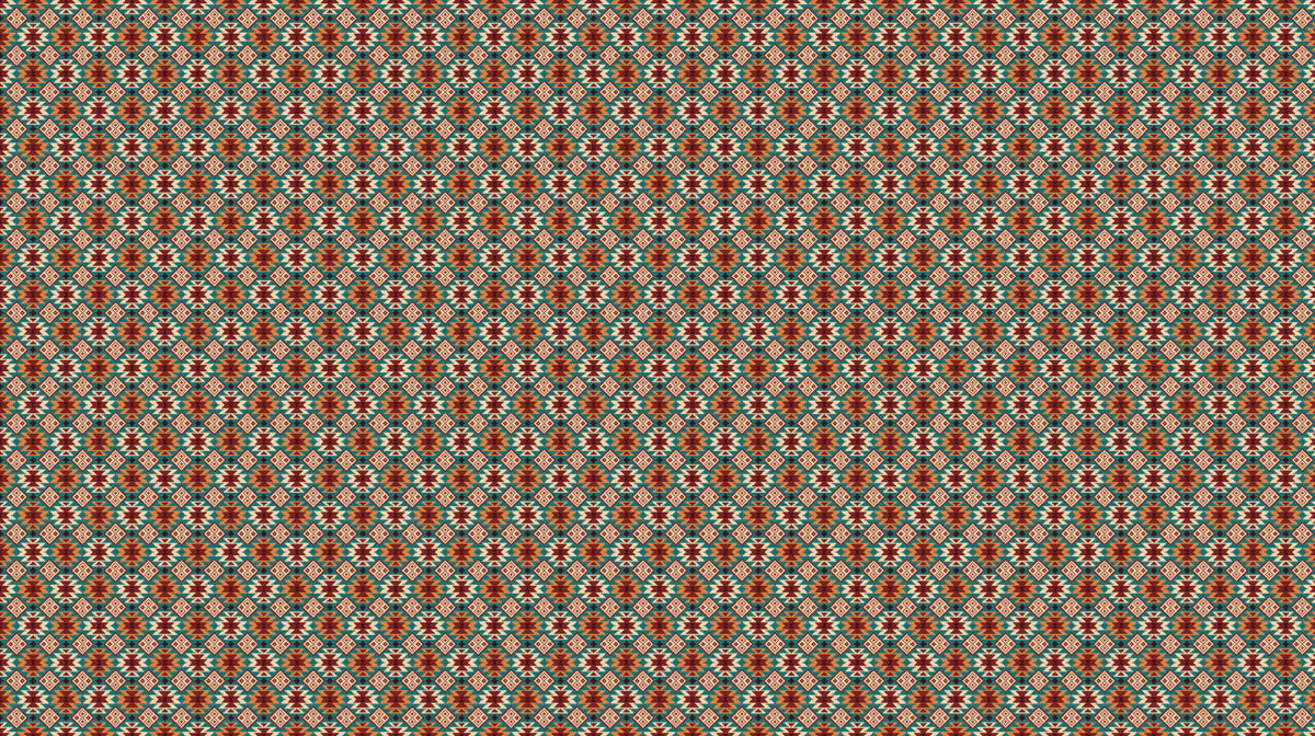 Intricate Geometric Tribal Mural Wallpaper — Earthy Teal and Red Mural Wallpaper - room preview 04