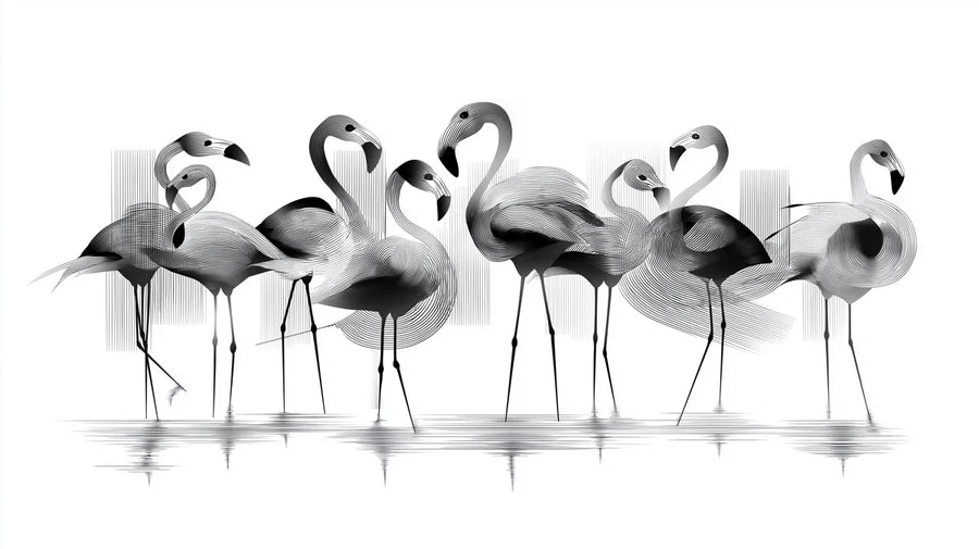Abstrakte Flamingoherde Wandtapete — Monochromatische Strichzeichnung Wandtapete printable artwork