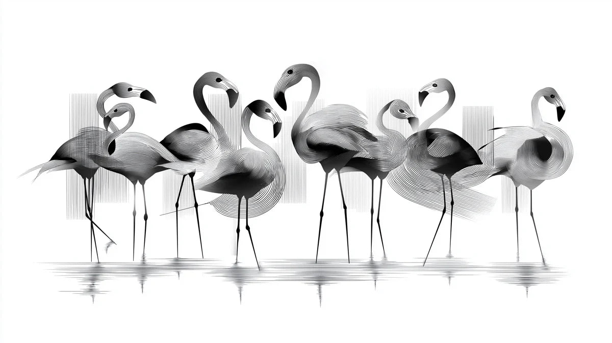 Abstract Flamingo Flock Mural Wallpaper — Monochromatic Line Art Mural Wallpaper - room preview 04