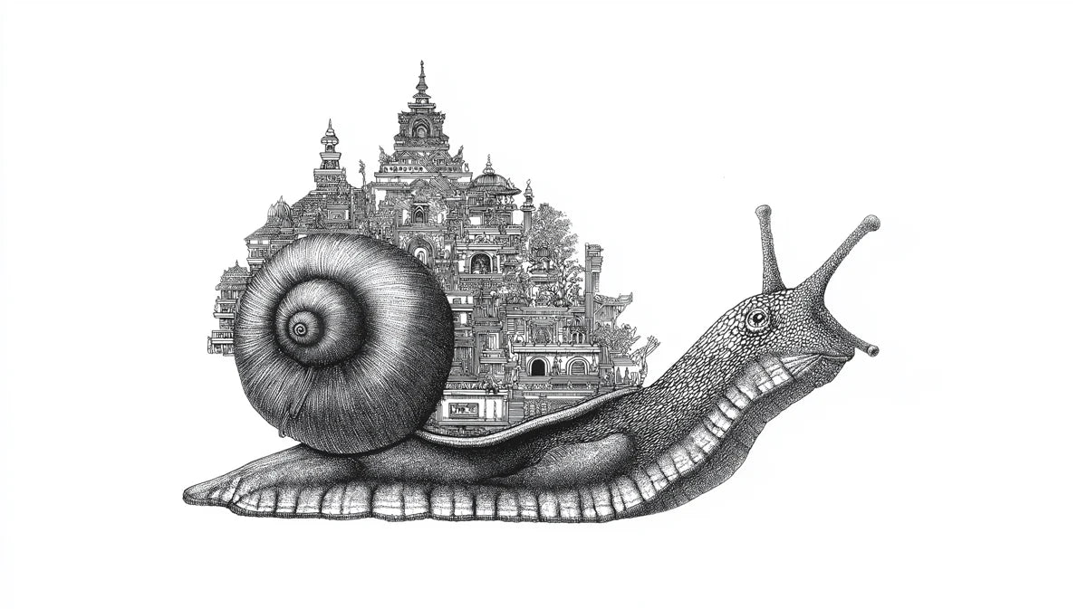 Snail with Architectural Shell Mural Wallpaper — Surrealist Line Art Mural Wallpaper - room preview 04