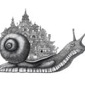 Snail with Architectural Shell Mural Wallpaper — Surrealist Line Art Mural Wallpaper - room preview 04