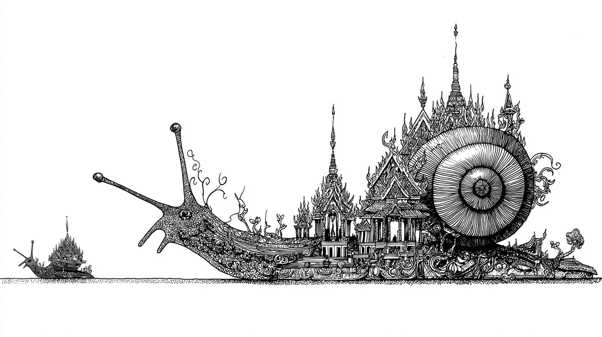 Snail Temple Procession Mural Wallpaper — Surreal Ink Illustration Mural Wallpaper - room preview 04