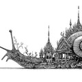 Snail Temple Procession Mural Wallpaper — Surreal Ink Illustration Mural Wallpaper - room preview 04