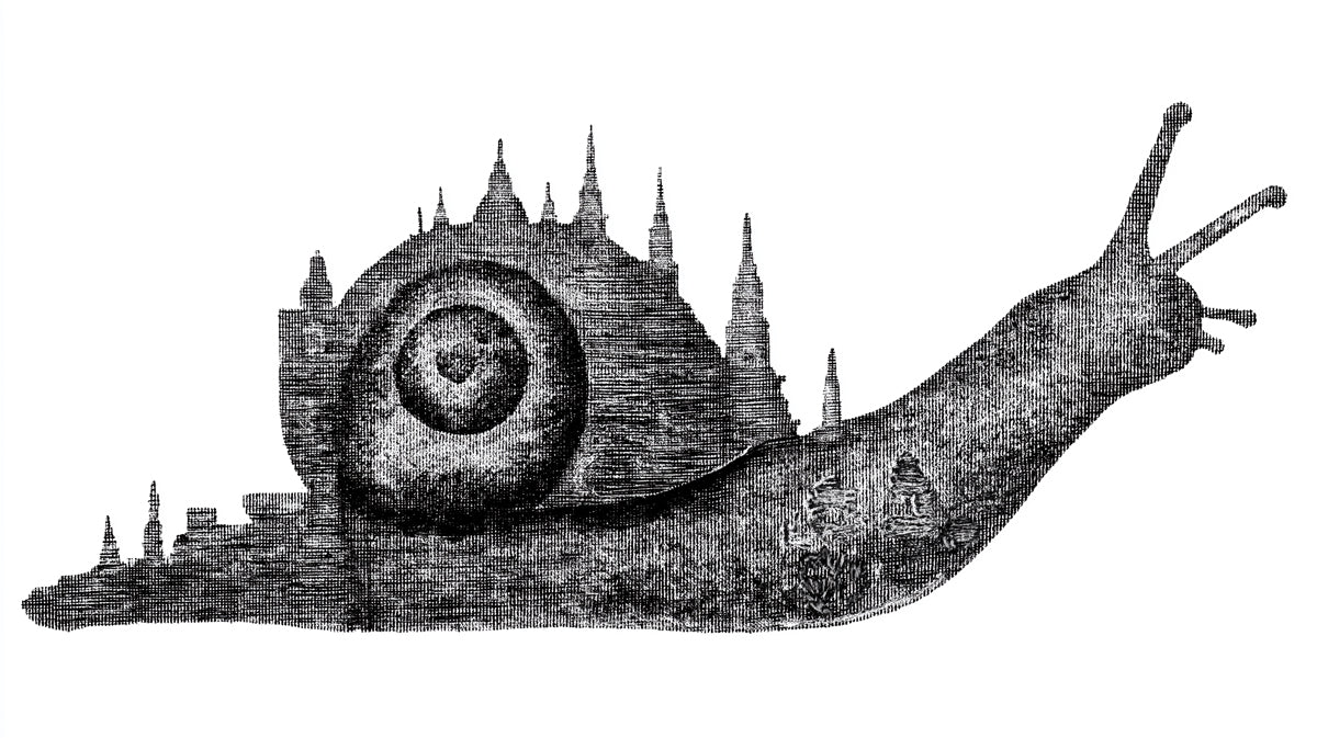Snail City Silhouette Mural Wallpaper — Surreal Ink Illustration Mural Wallpaper - room preview 04