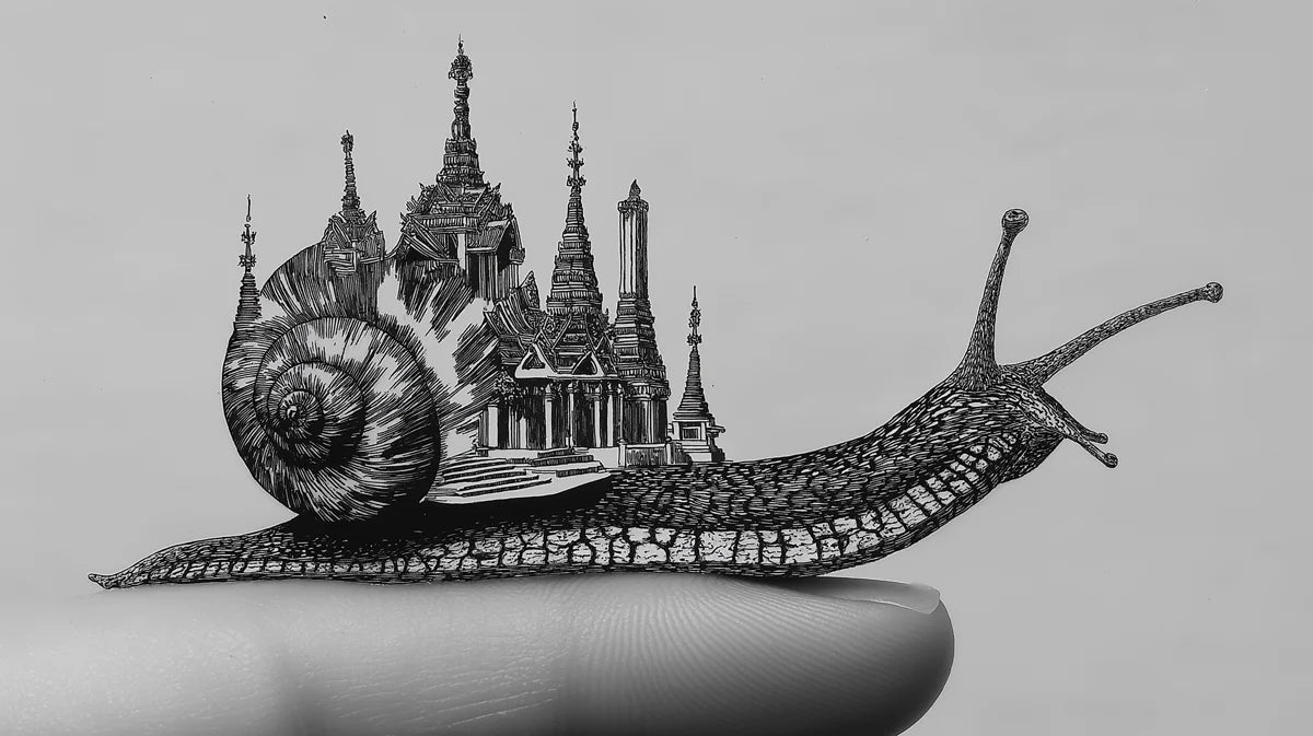 Surreal Snail and Pagoda City Mural Wallpaper — Artistic Sketch Mural Wallpaper - room preview 04
