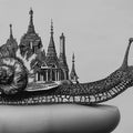 Surreal Snail and Pagoda City Mural Wallpaper — Artistic Sketch Mural Wallpaper - room preview 04