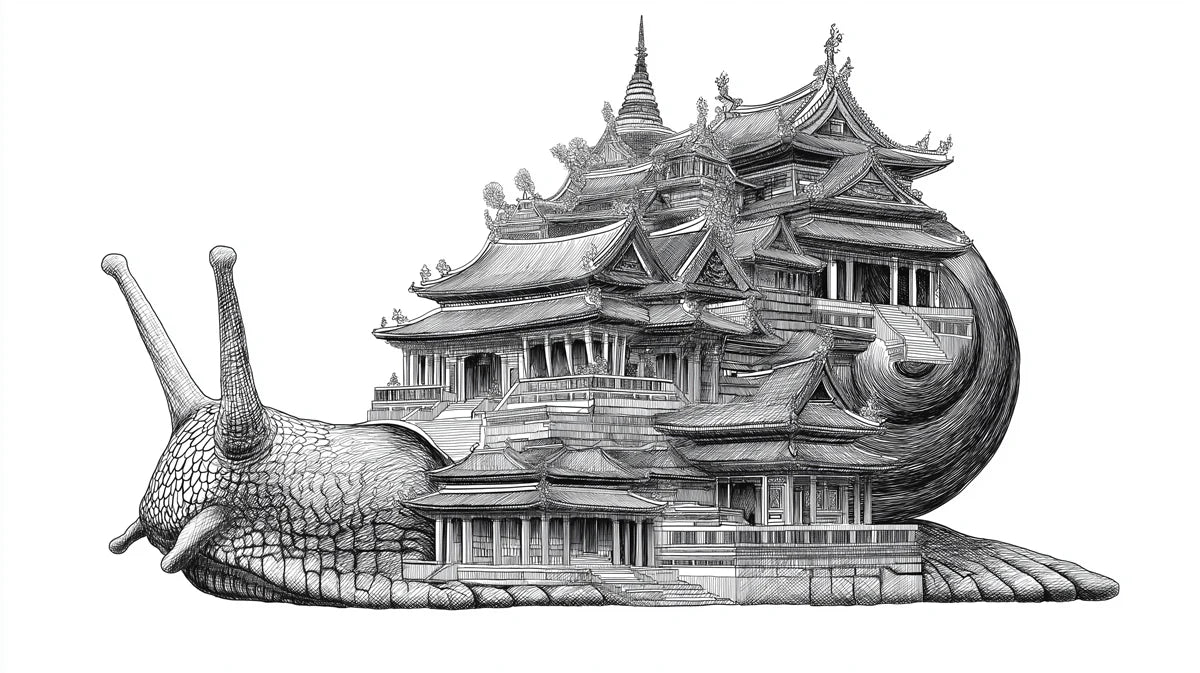 Snail Pagoda Fantasy Mural Wallpaper — Intricate Ink Sketch Mural Wallpaper - room preview 04