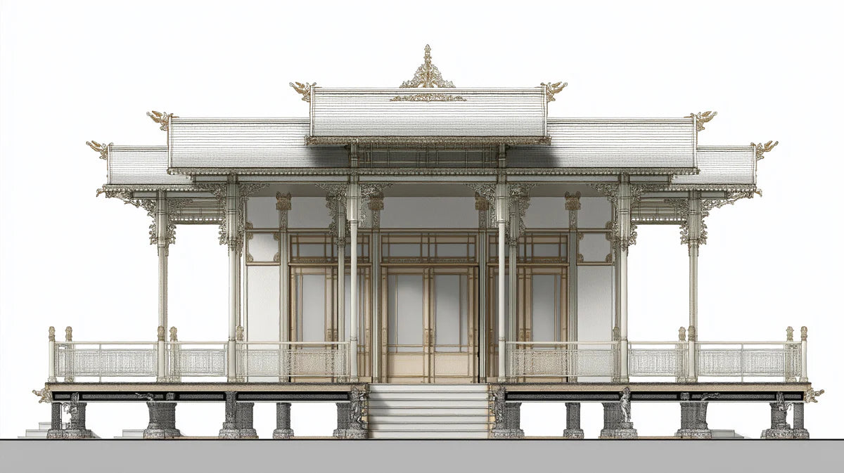 Thai Sala Pavilion Architectural Mural Wallpaper in White and Gold Mural Wallpaper - room preview 04